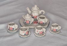 Miniature Porcelain Tea Set Pink Rose Floral Dollhouse 12 Pc Tray Teapot Cups