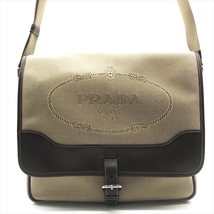 Prada Brown Canvas and Leather Logo Jacquard Shoulder Bag K2475