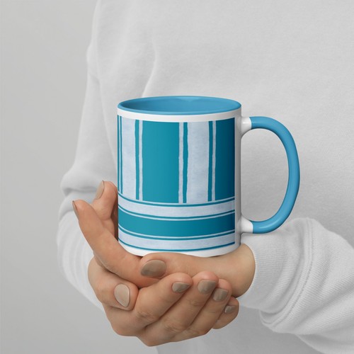 Tasse à café en céramique 11 oz blanc sarcelle rayé | Coupe de plage océan nautique côtier - Photo 5/30