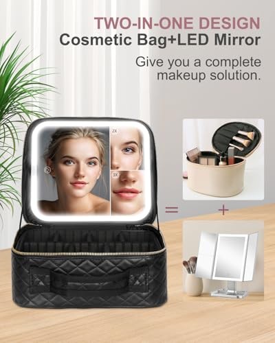 Makeup Bag with LED Mirror, Makeup Organizer Train Case with Large Glossy Black - Bild 3 von 7