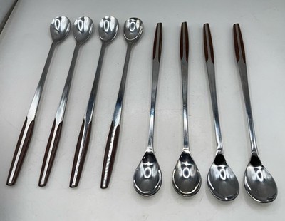 Eldan Stainless Steel 8.25  Ice Tea Spoons Brown MCM Vintage Japan Set of 8