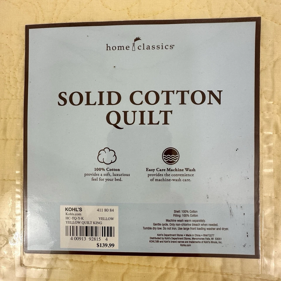 Kohls Home Classics Anna Solid Cotton Quilt King 108” x 88” Yellow NIP /cb - Image 4 of 4