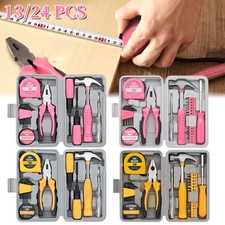 13/24Piece Tool Box Set DIY Kit with Pink Hammer,Pink/Yellow Pliers,Screwdriver