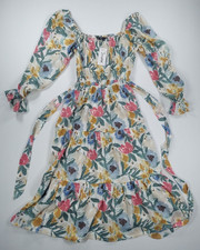 Simplee Womens M Floral Fit Flare Midi Dress Square Neck Puff Long Sleeve NWT