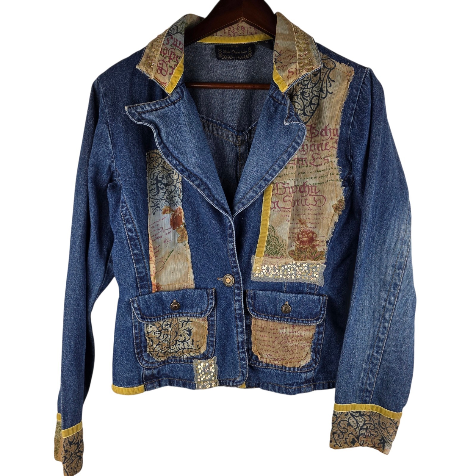VTG Boho Patchwork Denim Jacket L Embellished Scr… - image 1