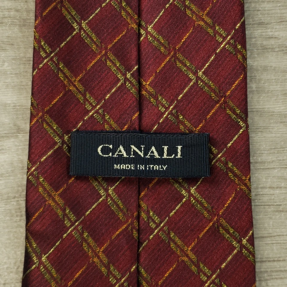 Corbata de diseñador Canali vintage para hombre roja dorada verde multicolor seda a cuadros Italia Foto 4 de 4