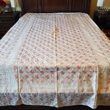 Cotton Embroided Floral Tablecloth Handmade India Gold  Pink Thread 59x98 NEW