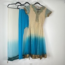 Indian Anarkali Salwar Kameez Suit 3 Pc Blue Beige Gold Beaded Size 34 Dupatta