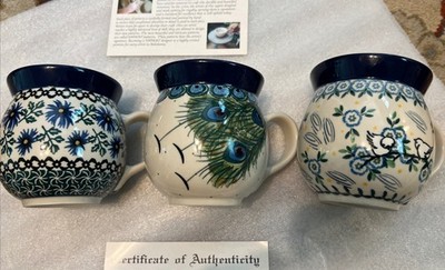 Lot of 3 Ceramika Artystyczna Bolesławiec Handmade In Poland Bubble Mugs 16oz Lg