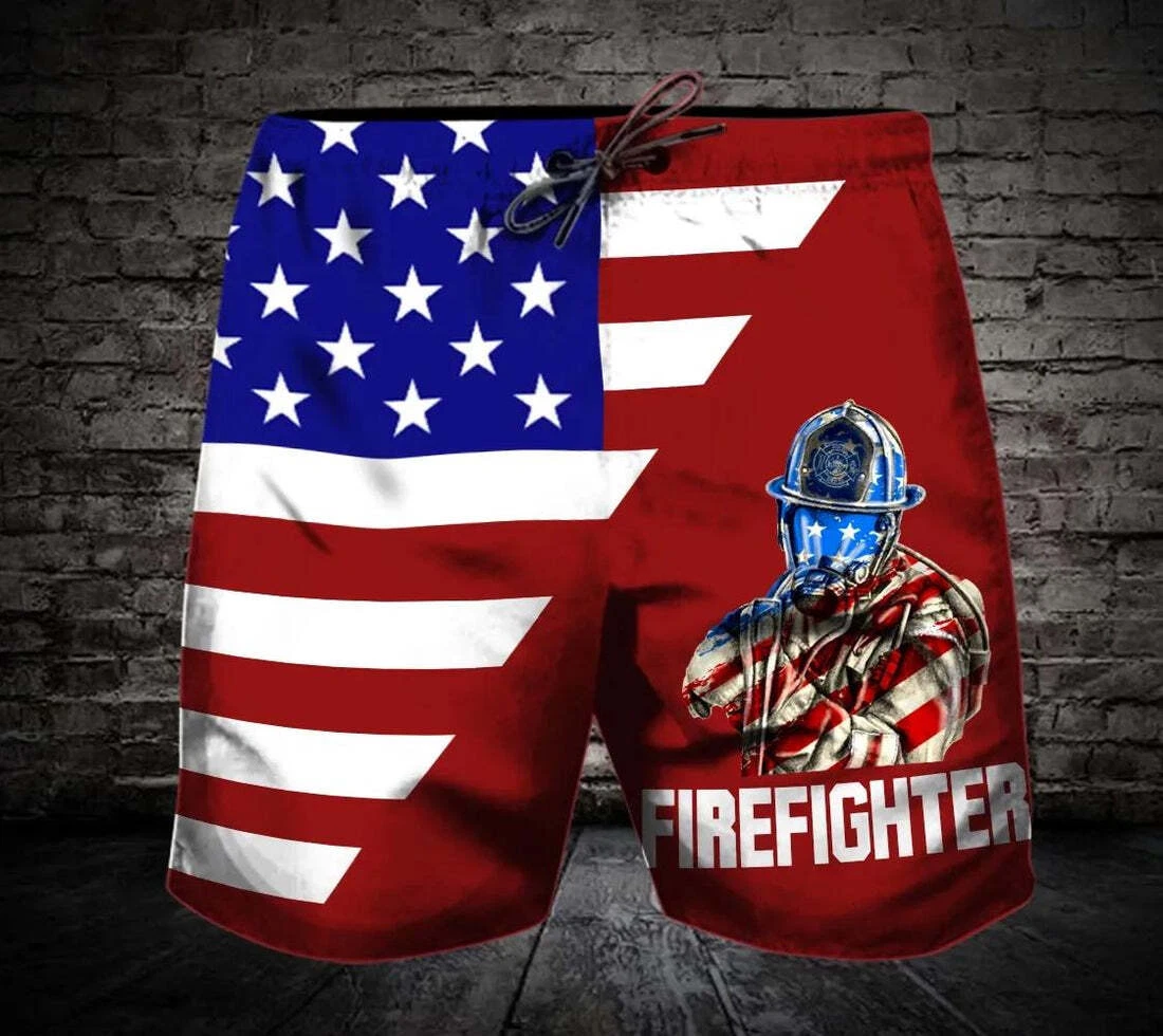 US Firefighter And American Flag Beach Shorts Patriot Day Gift Swim Trunks Men