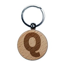 Letter Q Uppercase Fun Bold Font Engraved Wood Round Keychain Tag Charm