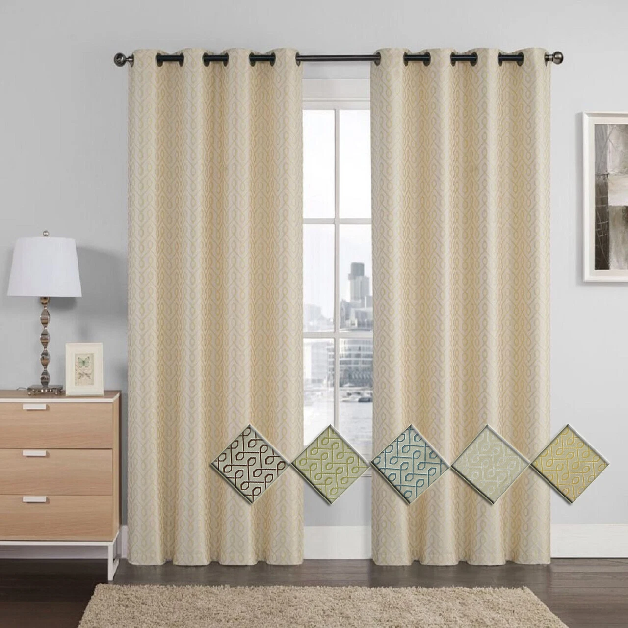 2PC Empress Embroidered Curtain Panel Set Grommet Jacquard Drapes 110" W x 90" L