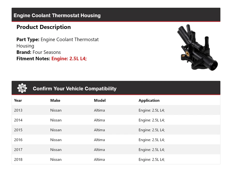 For 2013-2018 Nissan Altima 2.5L L4 Engine Coolant Thermostat Housing 4 Seasons - Image 2 of 4