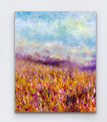 Hazy Field 16x20 Original Oil Painting on ACM Board Rustic Country Flowers 1/1
