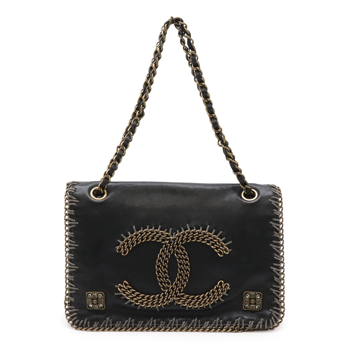 CHANEL Coco Mark Flap Bag Black Calfskin with Silver Chain Shoulder Strap 571699