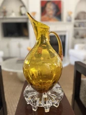 VTG Blenko 991 Winslow Anderson Hand Blown Optic Swirl Amber Yellow Pitcher 14”
