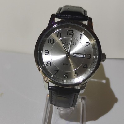 TAXAU Quartz Silver Dial Day Indicator Black Leather Stainless Steel Watch