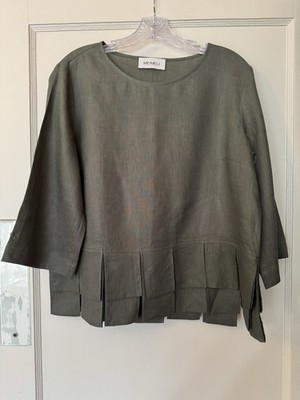 Meimeij green linen top blouse 42 US L gladiator hem 3/4 sleeves scoop neck NWOT