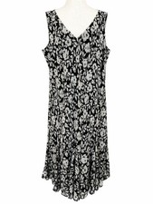 Chaps Womens 20W Black White Floral Midi Dress Sleeveless V Neck Ruffle Hem