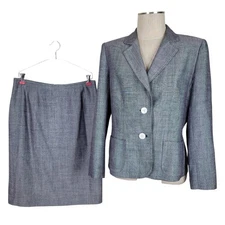 Kasper Skirt Suit Size 12 Black White 2 Button Blazer Notch Collar Kick Pleat