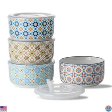 Stylish Ceramic Bowls Set with Lids - 20 oz Microwave Safe Containers, 4 PCS