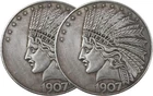 2pcs 1907 Antique Liberty Indian Head $10 Dollar Coin, Uncirculated Morgan Silve