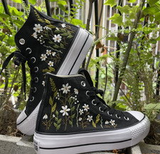 Custom Embroidered Converse Platform High Tops: Daisy Flower Wedding - Handmade