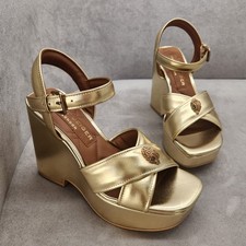 Kurt Geiger Wedge Sandals 8.5 Gold Leather Kensington Cross Chunky Dress New 245