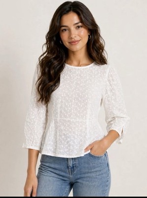 TULIP B Women s Large White Eyelet Floral Embroidery Fitted Waist Peasant Blouse