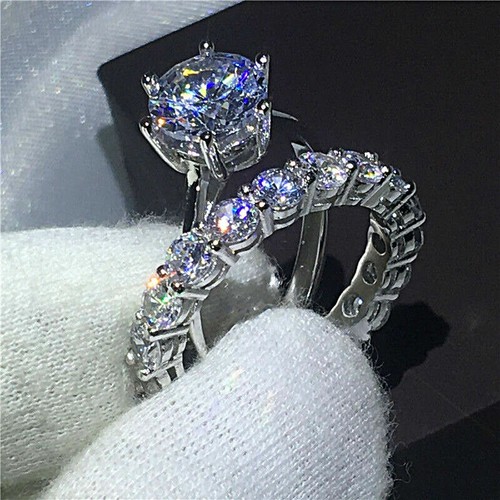 Juego de anillos nupciales de diamantes simulados de corte redondo de 6,75 qu... - Imagen 3 de 3
