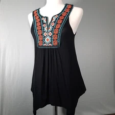 About a Girl Trapeze Tank Size Medium Embroidered Black Flowy Boho Gypsy