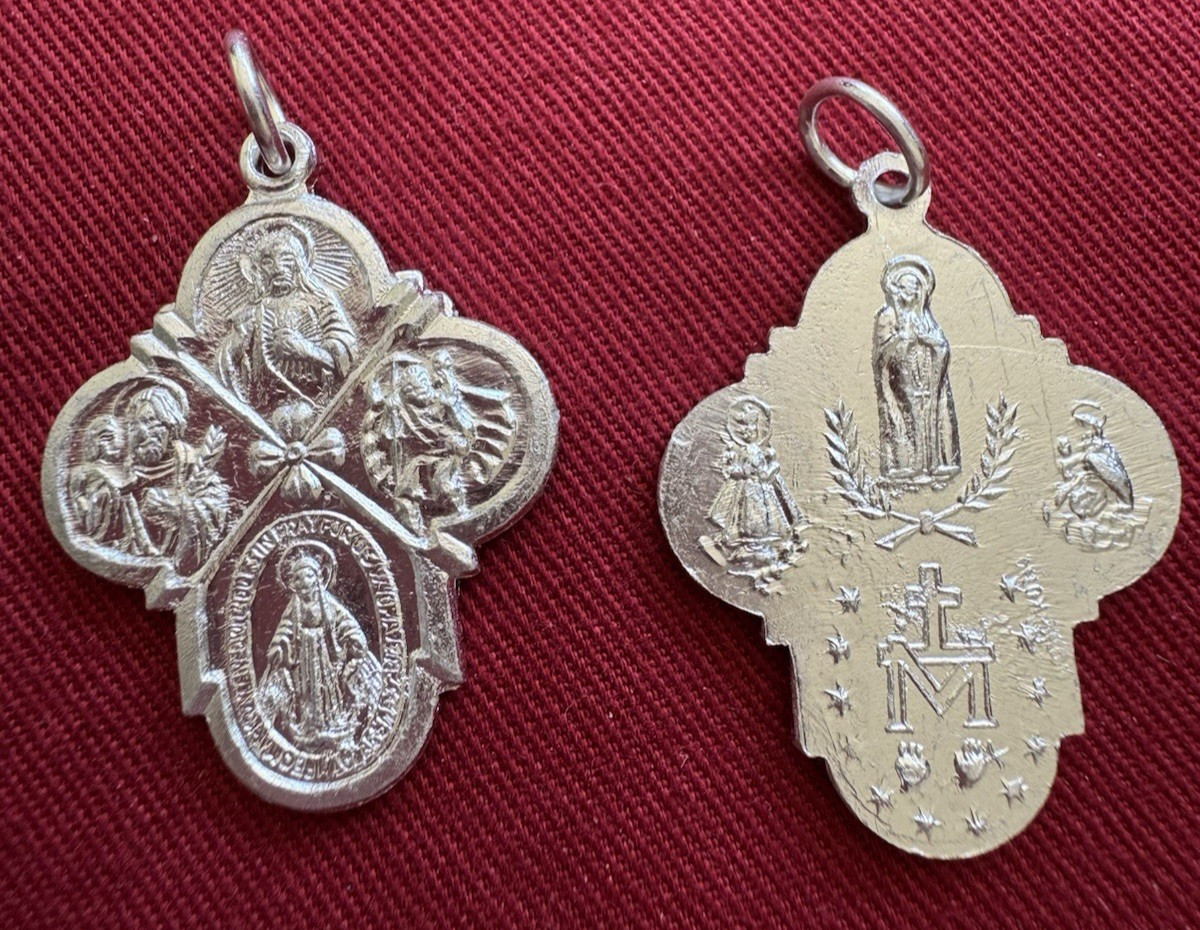 Saint Medal Pendent Four Way Shiny Silver Tone 1 1/4" H