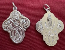 Saint Medal Pendent Four Way Shiny Silver Tone 1 1/4" H