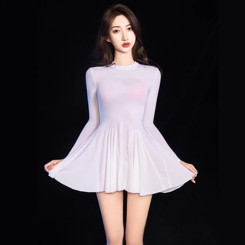 Womens Long Sleeve Shiny Bodycon with Pleated Skirt Cocktail Mini Lingerie Dress - Picture 16 of 19