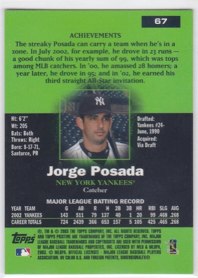 2003 Topps Pristine #67 Jorge Posada Yankees Free Shipping! - Image 2 of 2