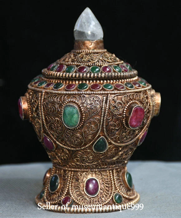 Tarro tarro olla de ofrenda templo religión filigrana cristal del Tíbet antiguo de 5,2" Foto 4 de 4