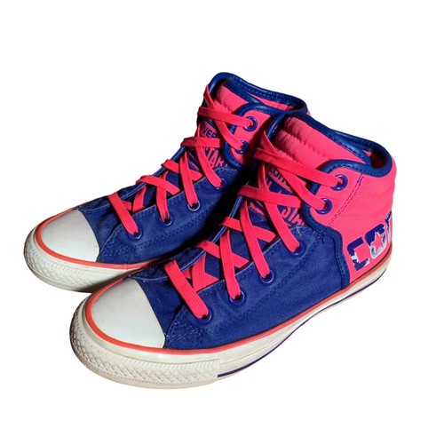 Converse Sneakers Juniors 5 Womens 7 Hot Pink Blue Spell Out High Top Shoes - Picture 9 of 11