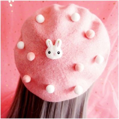 Japanese Mori Girl Sweet Lolita Beret Cap Bunny Pompom Decor  display picture 3