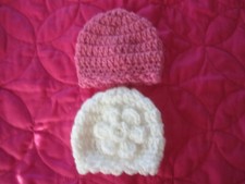 2- HAND CROCHETED MICRO BABY HAT HATS BEANIES 10" GIRL ROSE  WHITE