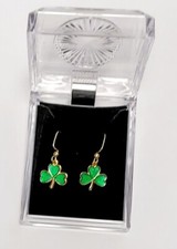 Vintage Shamrock Earrings - gold plated brass green epoxy Irish St Patrick's Day