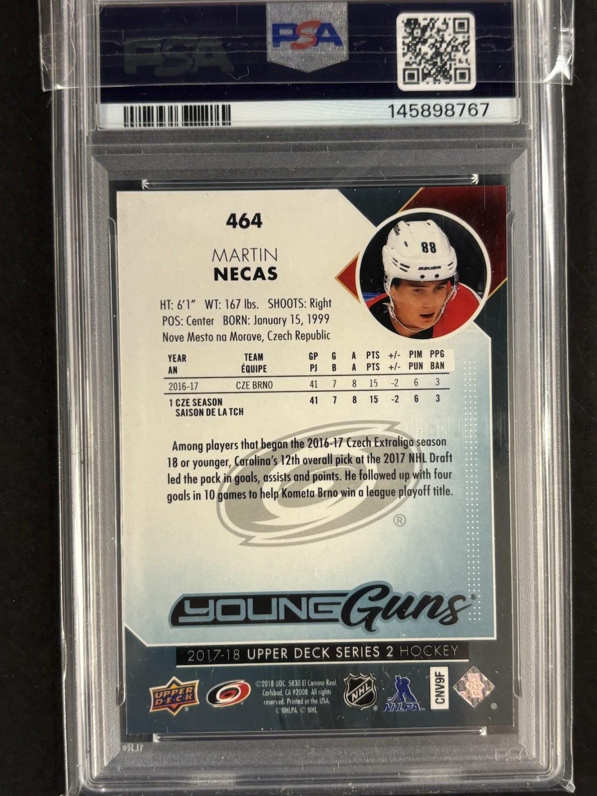 2017 Upper Deck Martin Necas Young Guns Rookie PSA 8 view 2