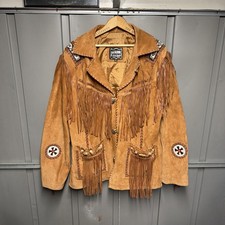 Vintage Genuine Leather Suede Fringe Jacket Men Size XL Native American Beaded