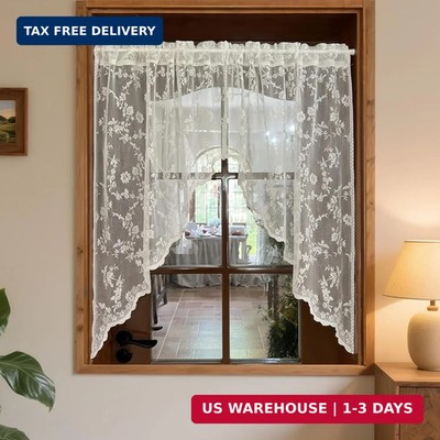 Gxi White Lace Kitchen Curtain Swag Floral Sheer Curtain Valance 39 inches Lengt