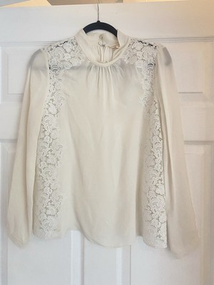 Rebecca Taylor Silk Cream Long Sleeve With Lace Detail Blouse Top Sz 4