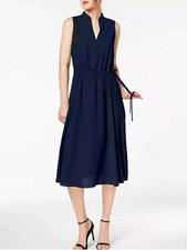 ANNE KLEIN Navy Blue Textured Sleeveless Midi Dress with Tie Waist Accent