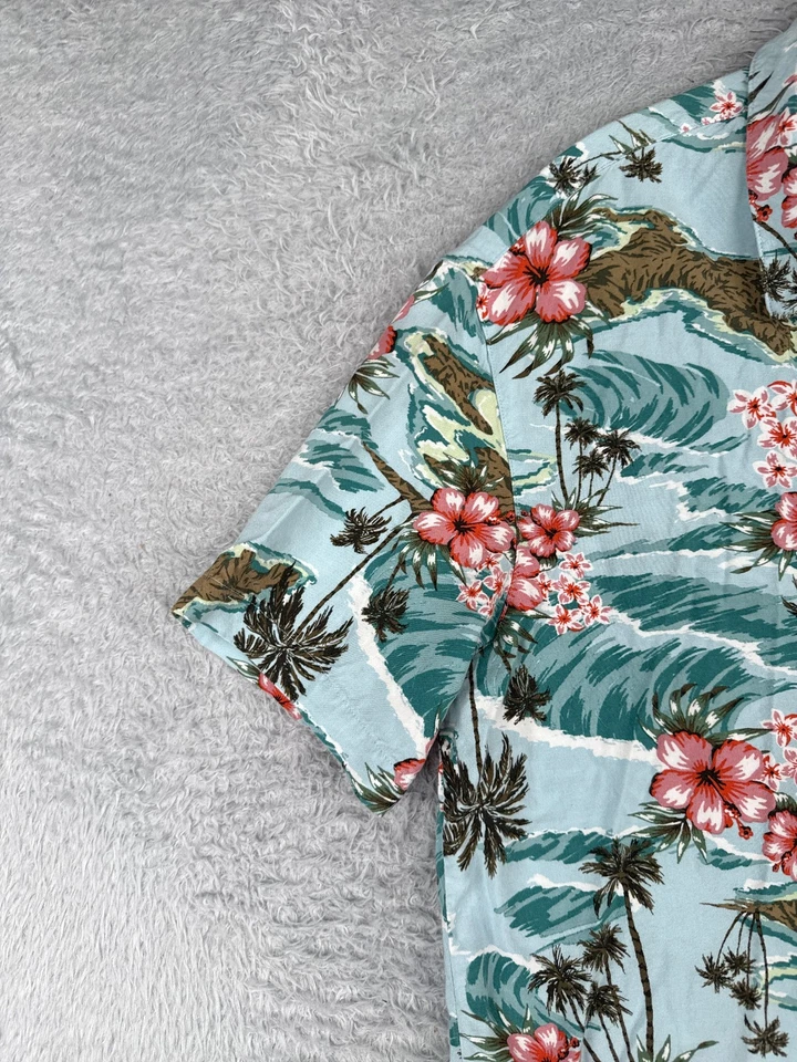 Camisa George Hombre Mediana Azul Rosa Floral Hibisco Abotonada 100% Rayón Hawaiana Foto 3 de 4