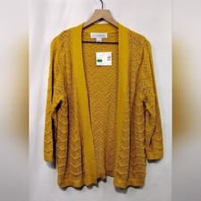 New Sagharbor Eyelet Open Front Cardigan Women's L Mustard Yellow Boho Retro Y2K