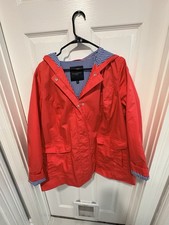 Talbots Womens Red Hooded Rain Coat Snap Fron...