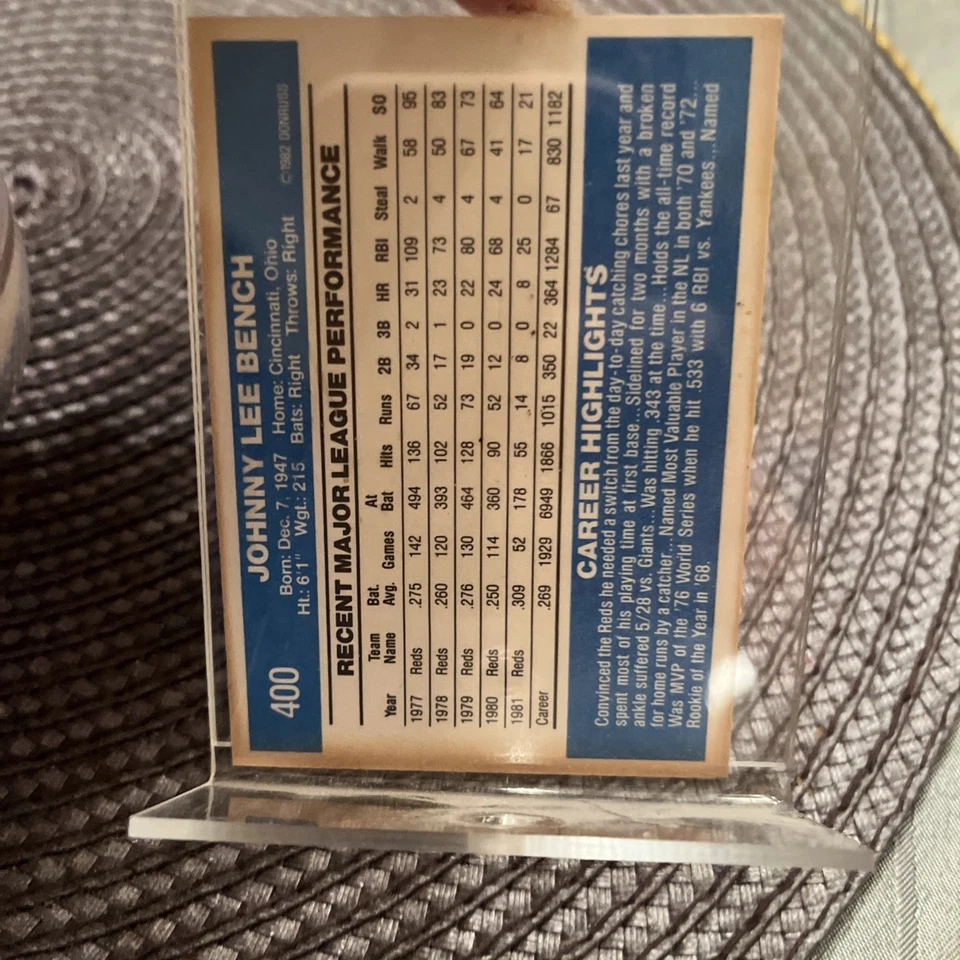 Estuche de béisbol Johnny Bench autografiado y tarjeta Donruss Cincinnatti Reds 1982 Foto 3 de 4