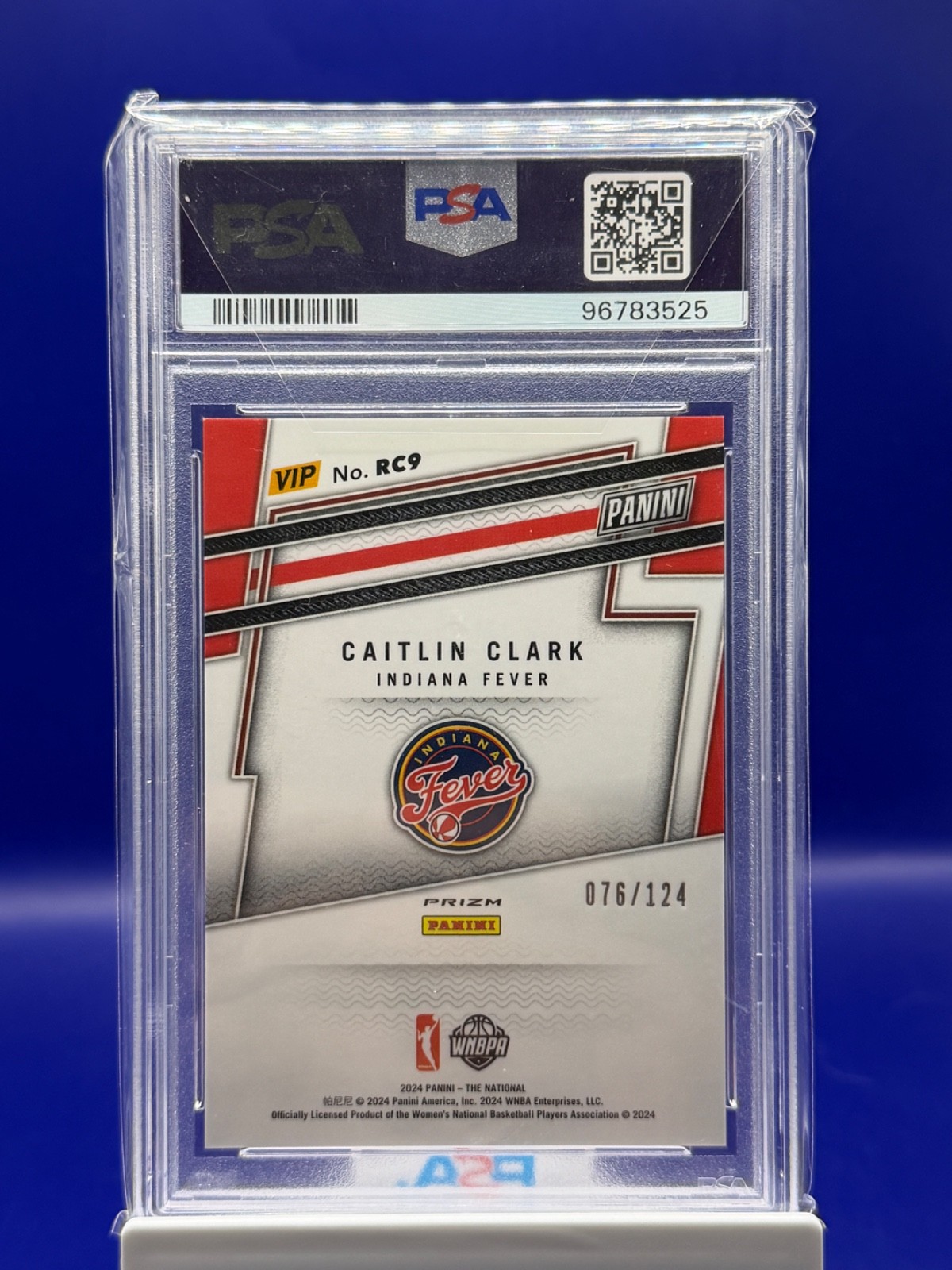 2024 Panini NSCC VIP Gold Caitlin Clark Blue Sparkle /124 RC9 PSA 9 view 2